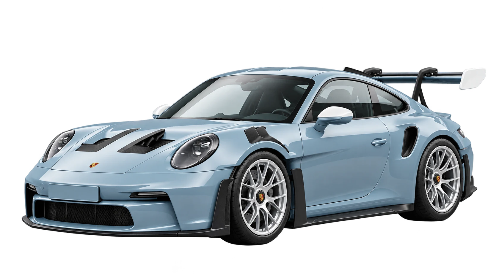 Pale blue Porsche 911 concept render, front three-quarter view with Porsche emblems